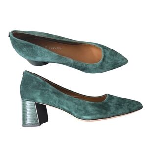 Donald Pliner Green Suede Block Heel Pumps Leather Lined Pointed Toe